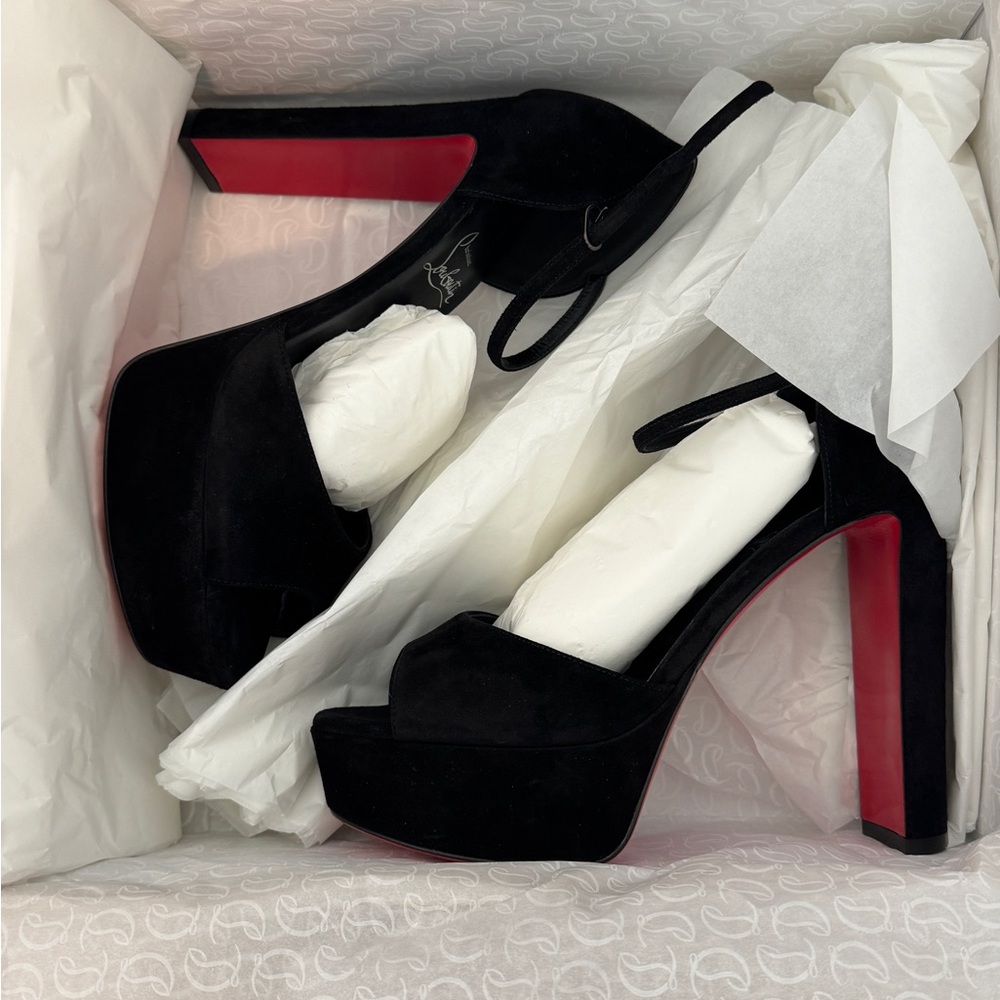 Christian Louboutin Black Suede Platform Peep-Toe Heels with Red Sole